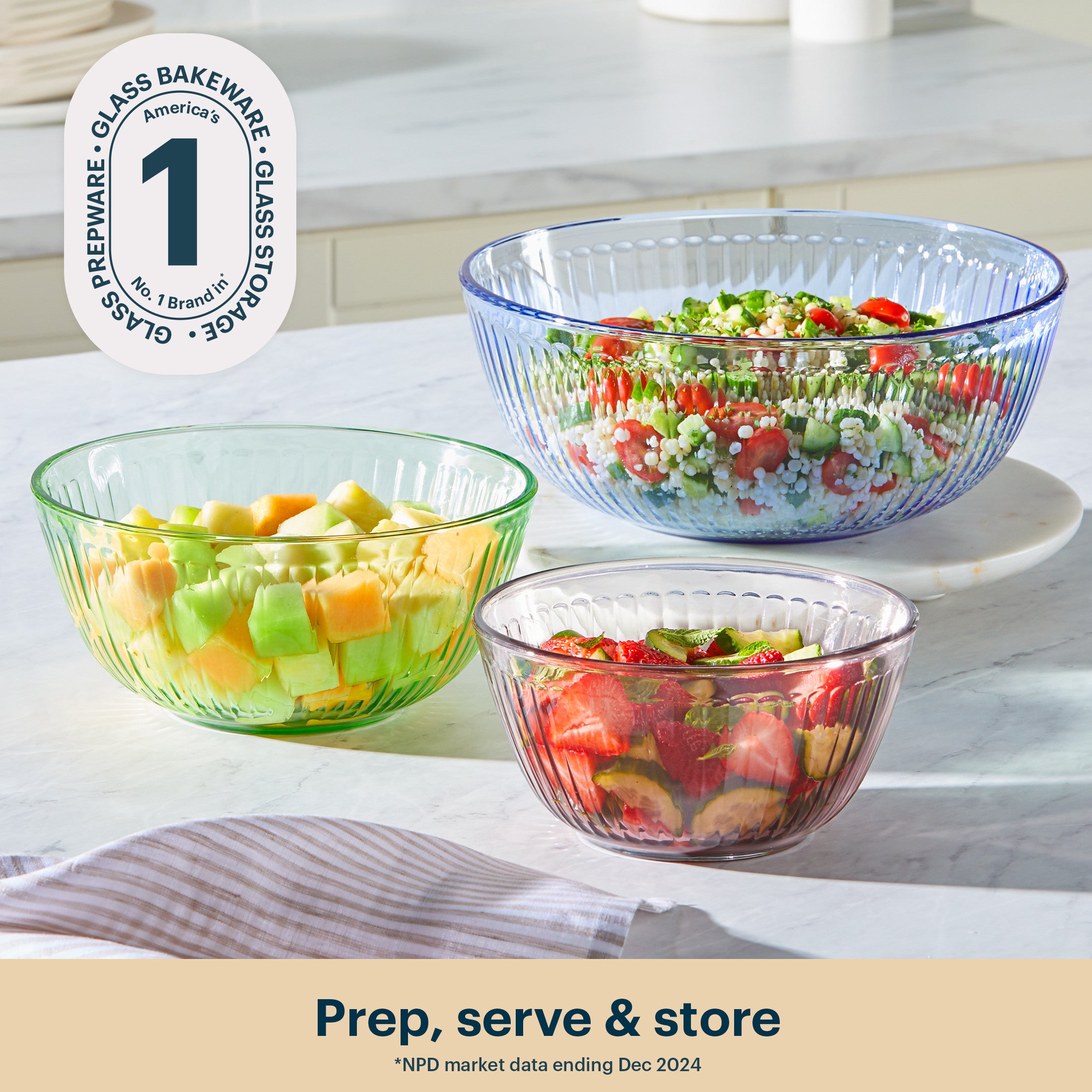Pyrex? Colors Sculpted Tinted 3-piece Mixing Bowl Set. No Lid (Pink.Green.Blue) - Image 2