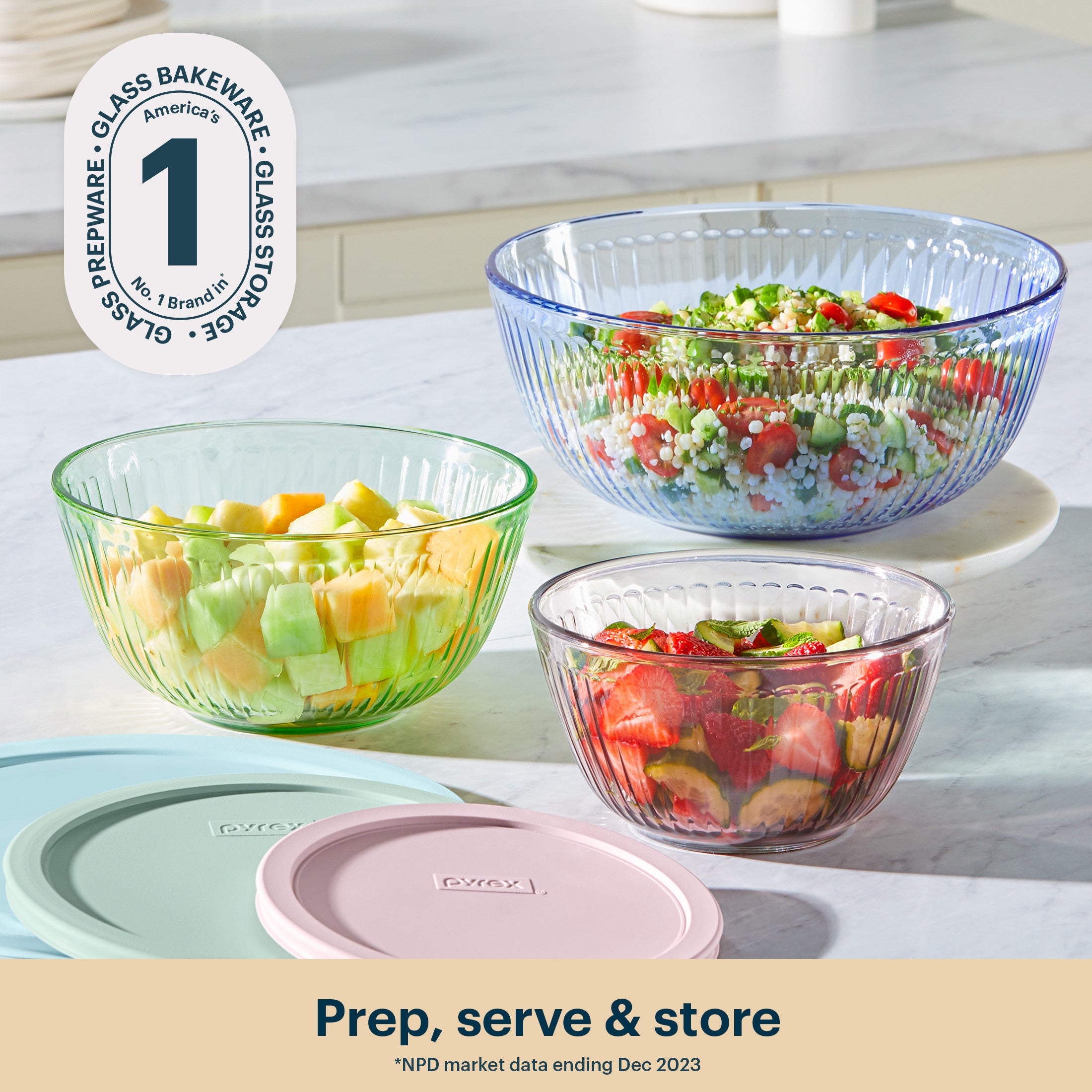 Pyrex? Sculpted Tinted Glass Mixing Bowls with Lids. 6-pc Set. Mixed Colors - Image 2