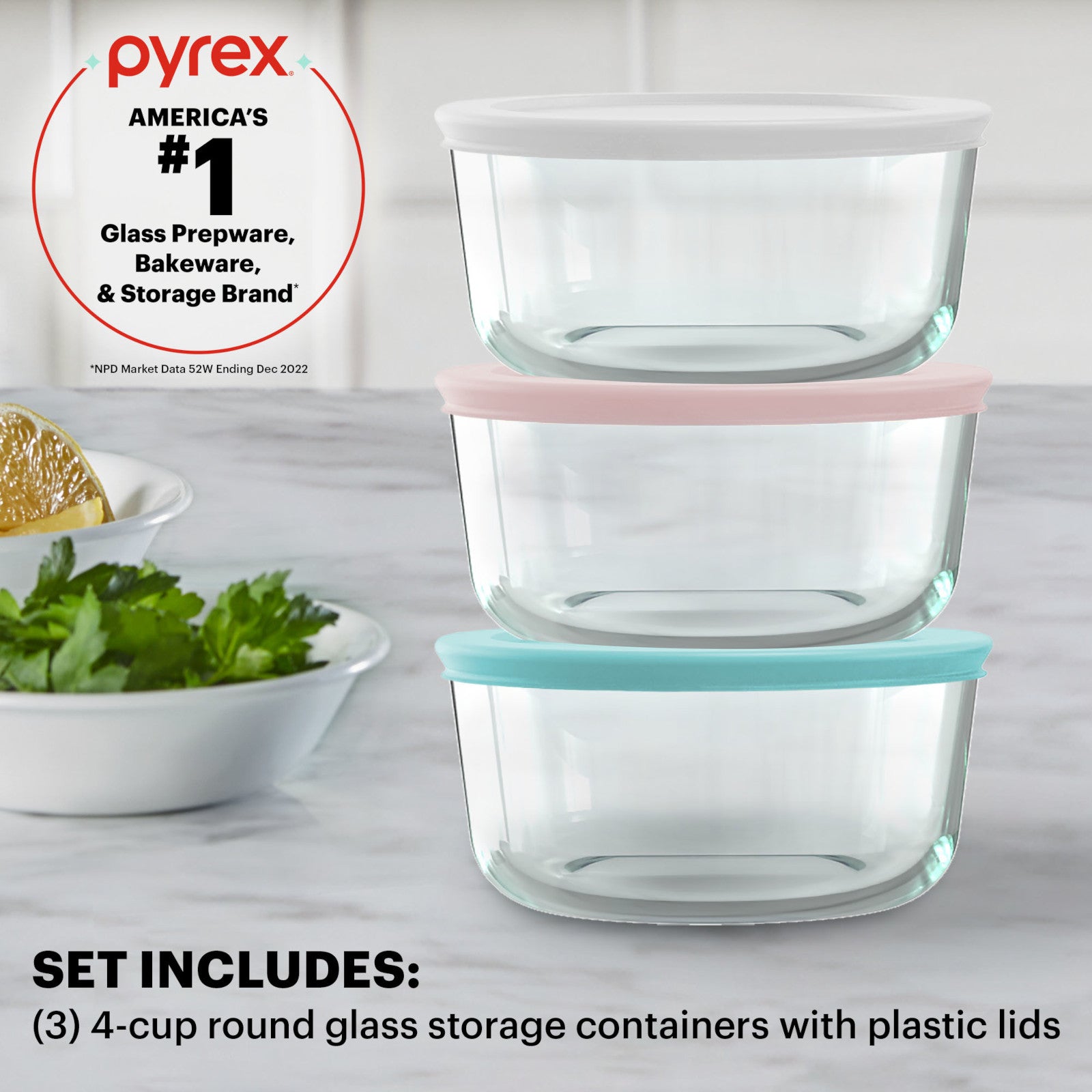 Pyrex? Simply Store? 6-piece 4-cup Round Glass Storage Set with Assorted Color Lids - Image 3